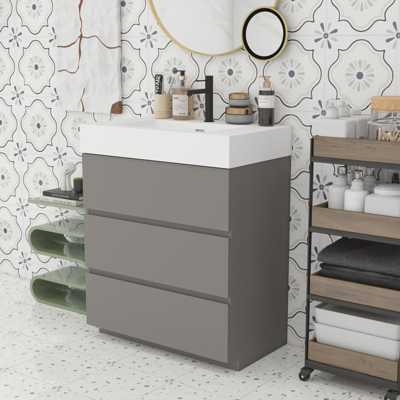 Grand meuble-lavabo moderne pour salle de bain, Blanc, Gris