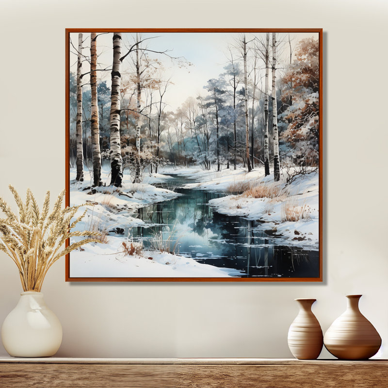 Rivière en forêt, paysage d'hiver - impressions sur toile de forêt, H 36 po x l 36 po x P 1,5 po, Cadre flottant brun