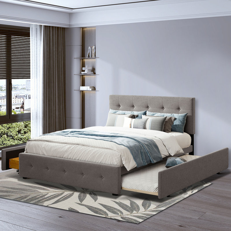 Modern Linen Fabric Upholstered Storage Platform Bed - Queen Size Main Bed and Twin XL Trundle Bed, Dark Gray