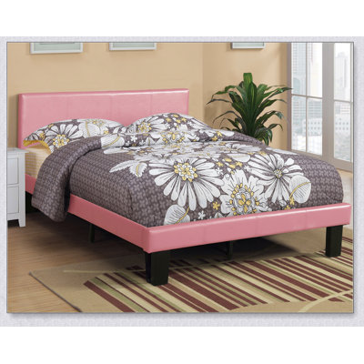 Simple Modern Pink Faux Leather Upholstered Bed Bedroom Wooden Slats 1Pc Platform Bedframe
