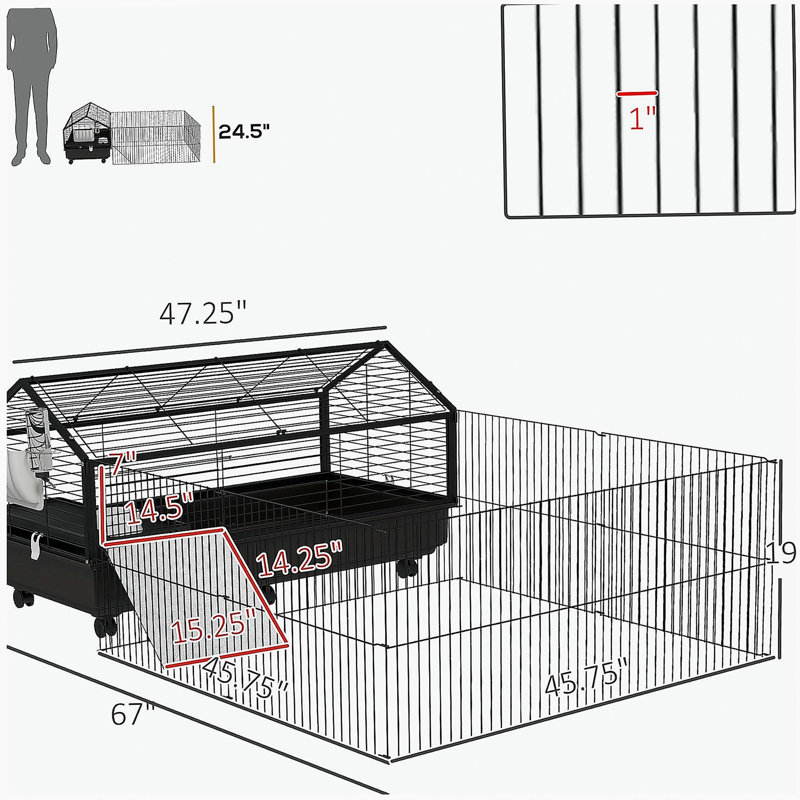 Cage pour petits animaux PawHut avec aire de jeu pliable, cage à roulettes, cage à cochons d'Inde, cage à hérissons avec bouteille d'eau, bol à eau et rampes, 46,5 po