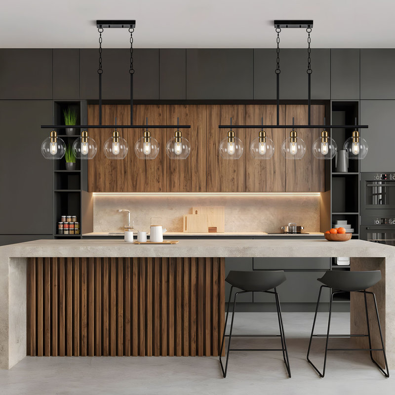 Aaziyah 5-light Modern Kitchen Island Linear Pendant Light With Clear Globe Glass Shades, Gold/Matte Black