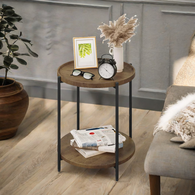 Zyana 2 Tier Wooden End Table Side Table Industrial Rustic Brown Living Room Furniture