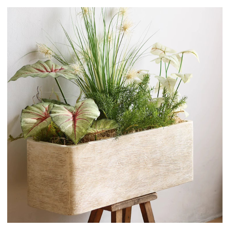 Modern Rectangular Textured Planter, 6.6" H x 23.6" W x 6.3" D, Antique White