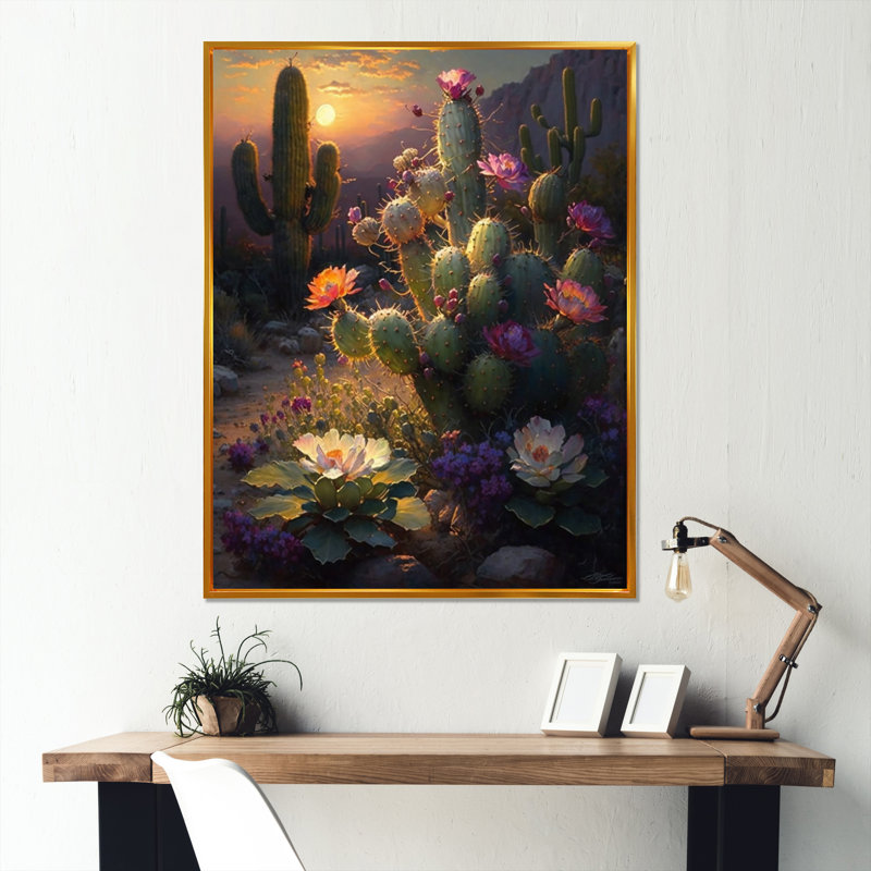 Cactus In Desert I - Mountains Wall Art, 40" H x 30" W, Gold Floater Framed