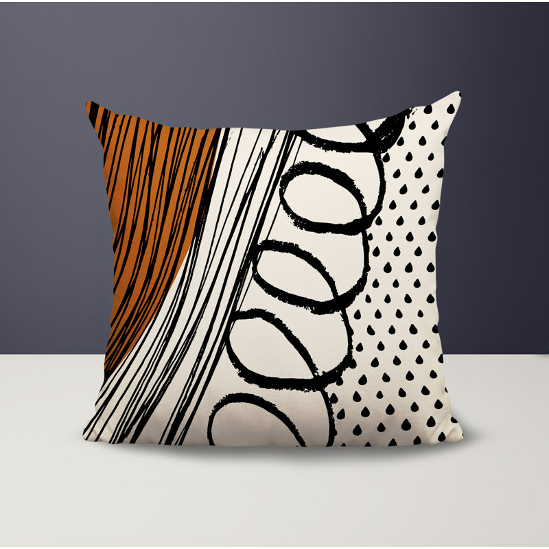 Oreiller carré réversible intérieur / extérieur Toba, H 17 po x l 17 po, Orange brûlé / noir / blanc cassé abstrait