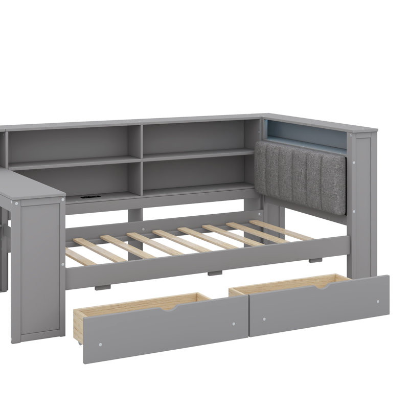 Lit plateforme simple en bois avec tablettes de rangement, tiroirs, station de charge, DEL, bureau et tête de lit tapissier