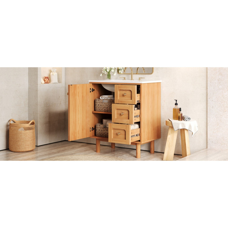 Meuble-lavabo de ferme avec évier en céramique, bois naturel, rangement compact pour la maison