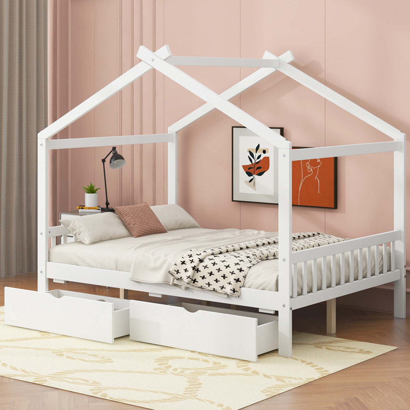 Lit plateforme avec deux tiroirs House, Blanc