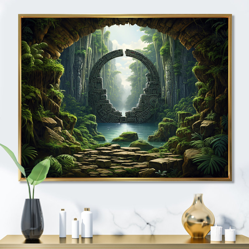 «Green Jungle Tribal» - art mural surréalisme, Cadre flottant doré, H 30 po x l 40 po x P 1,5 po