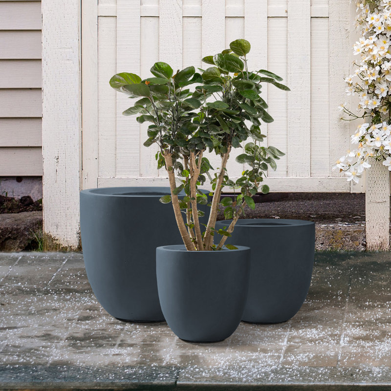3-Piece Round Concrete Indoor/Outdoor Pot Planter Set , Charcoal, 18.5" H x 20" W x 20" W