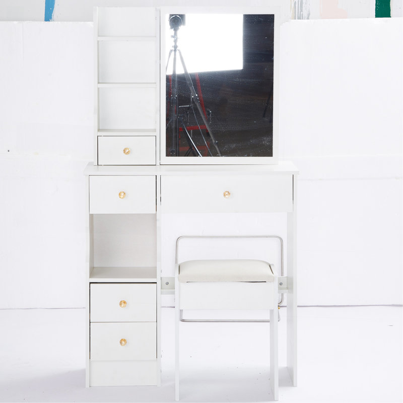 Petit meuble-lavabo de 29,2 po avec tabouret de bureau et tabouret rembourré, très grand miroir coulissant à droite, rangement multi-couches à grande capacité, commode pratique et pratique, convient aux petits espaces