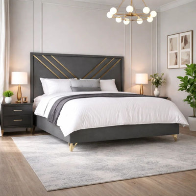 Semy Queen Bed, Gold And Mylar Accents, V-Shaped Details, Charcoal Gray