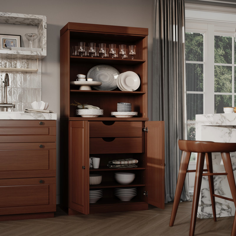 Garde-manger Birce 100% bois massif 32 po avec portes solides, 2 tiroirs et tablettes réglables, Moka
