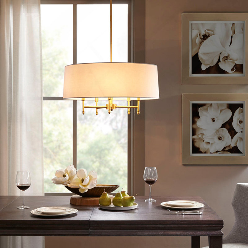 Lustre tambour 5 lumières blanc, Doré, White