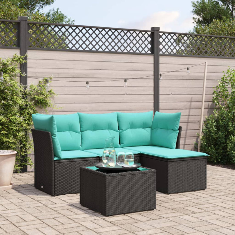 Ensemble de canapé de patio 5 pièces avec coussins en rotin de polyester, Bleu clair, Noir