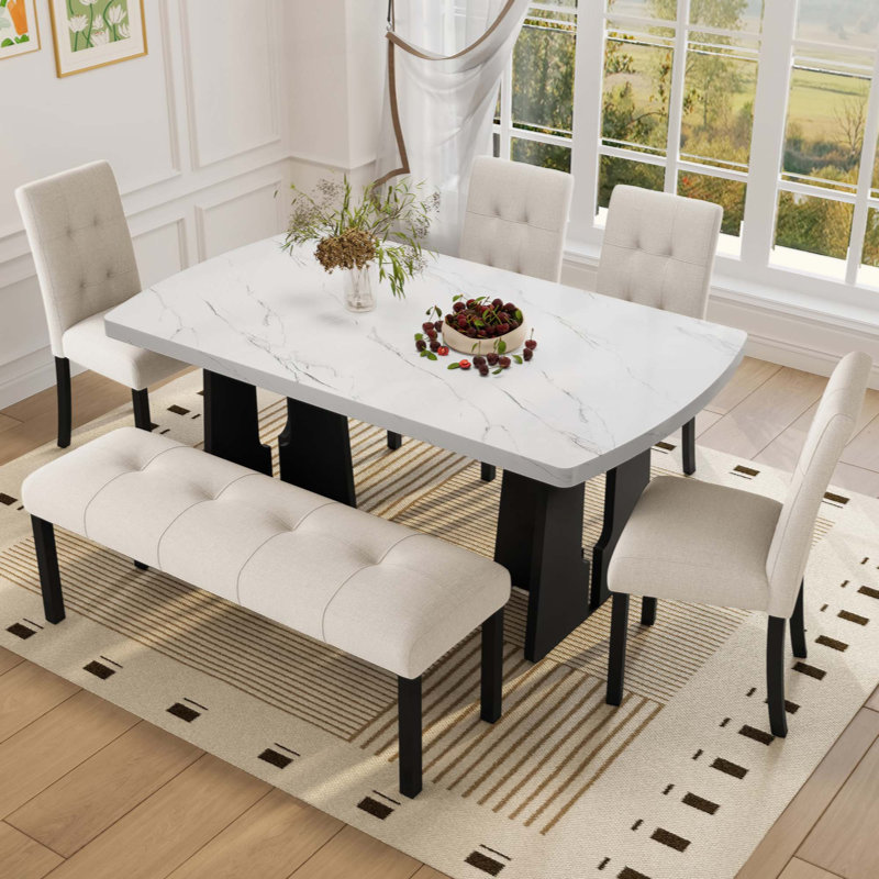 Ensemble de table de salle à manger moderne 6 pièces, table de salle à manger en faux marbre 63 "avec pieds géométriques, 4 chaises rembourrées et 1 banc, facile à assembler