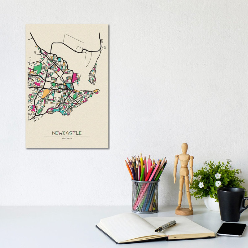 Newcastle, Australia Map by Ayse Deniz Akerman - Wrapped Canvas Painting, 20.32 cm H x 30.48 cm W