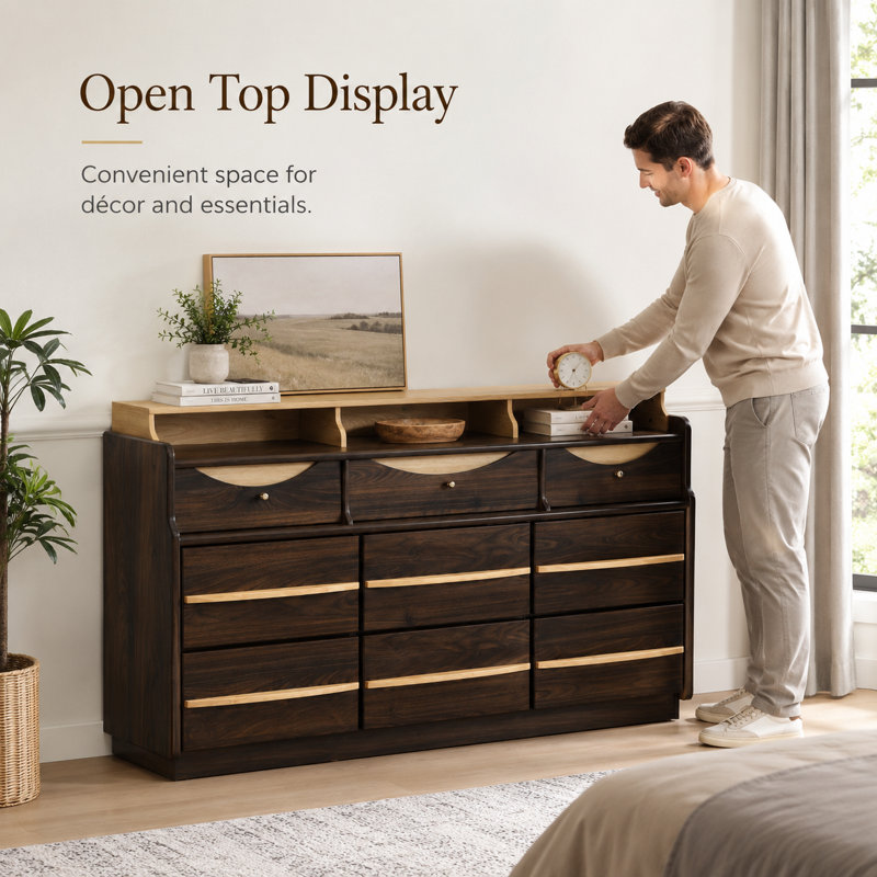Commode à 9 tiroirs de 63 po de largeur pour chambre à coucher avec éclairage DEL, tablette ouverte, poignées rondes et poignées en bois, noyer