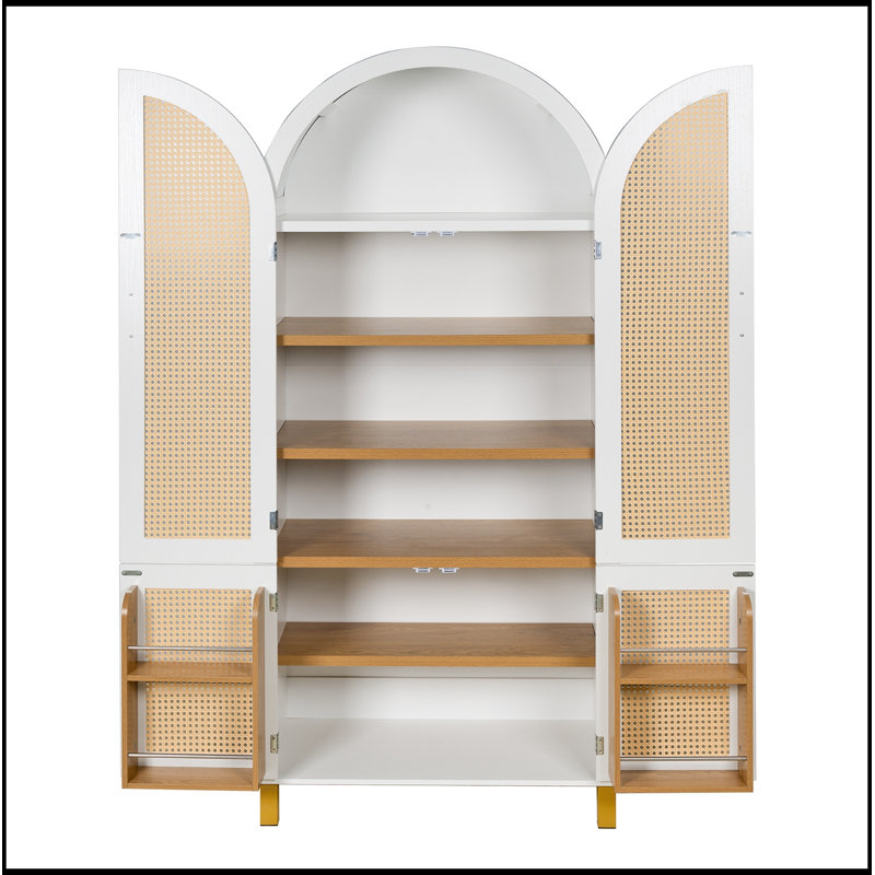 Armoire arquée avec portes en rotin et tablettes réglables, Blanc