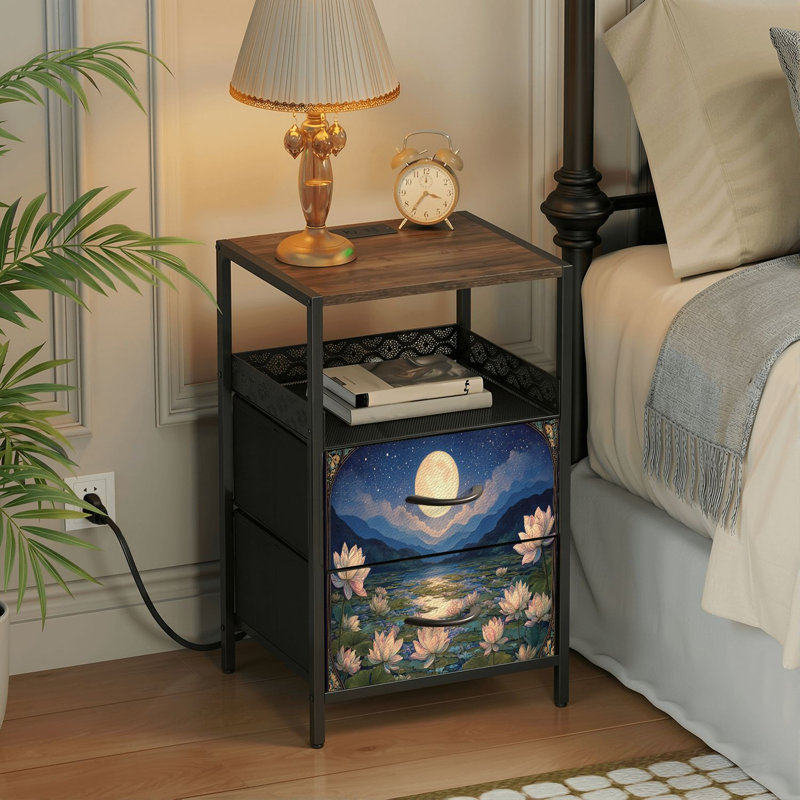 Table de chevet 2 tiroirs avec station de charge, table de chevet de chambre à coucher avec ports USB et prises USB