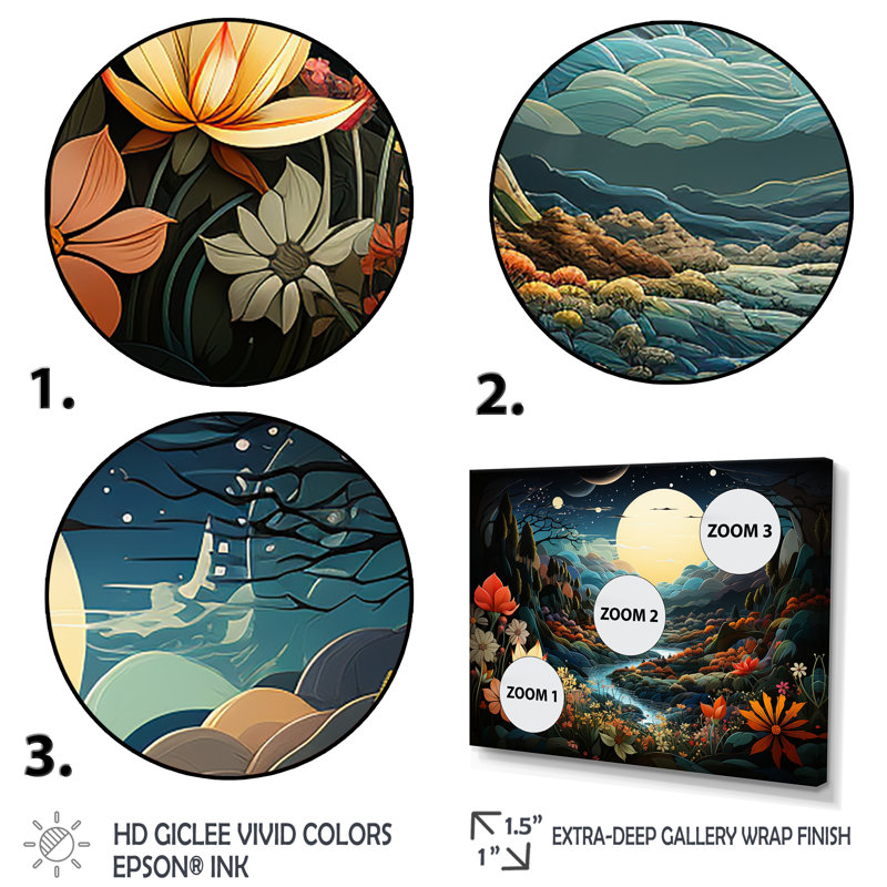 «Yellow Enchanted Meadows Fantasy III - Art abstrait paysage mural», Cadre doré à coins fermés, H 30 po x l 40 po x P 1,5 po