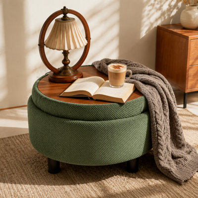 Repose-pieds rond avec rangement de 25 po avec plateau, table basse ronde en tissu touffeté avec rangement, repose-pieds rembourré avec dessus amovible pour le salon, la chambre à coucher, vert foncé