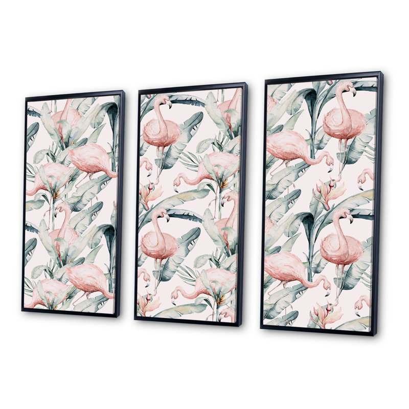 Feuilles tropicales avec flamant rose - impression sur toile flottante 3 pièces, H 20 po x l 36 po x P 1 po, Cadre noir