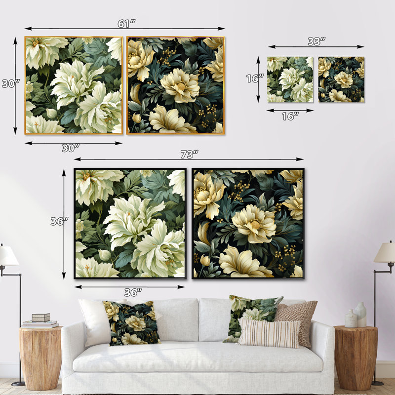 Marwane - Ensemble de 2 collages carrés botaniques abstraits, Cadre flottant noir, H 16 po x l 33 po