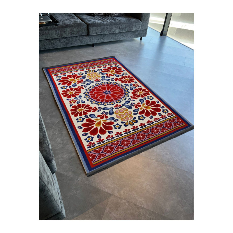 Tapis décoratif multicolore à motif floral traditionnel lavable à la machine, Tapis de couloir 4 pi 11 po x 9 pi 10 po