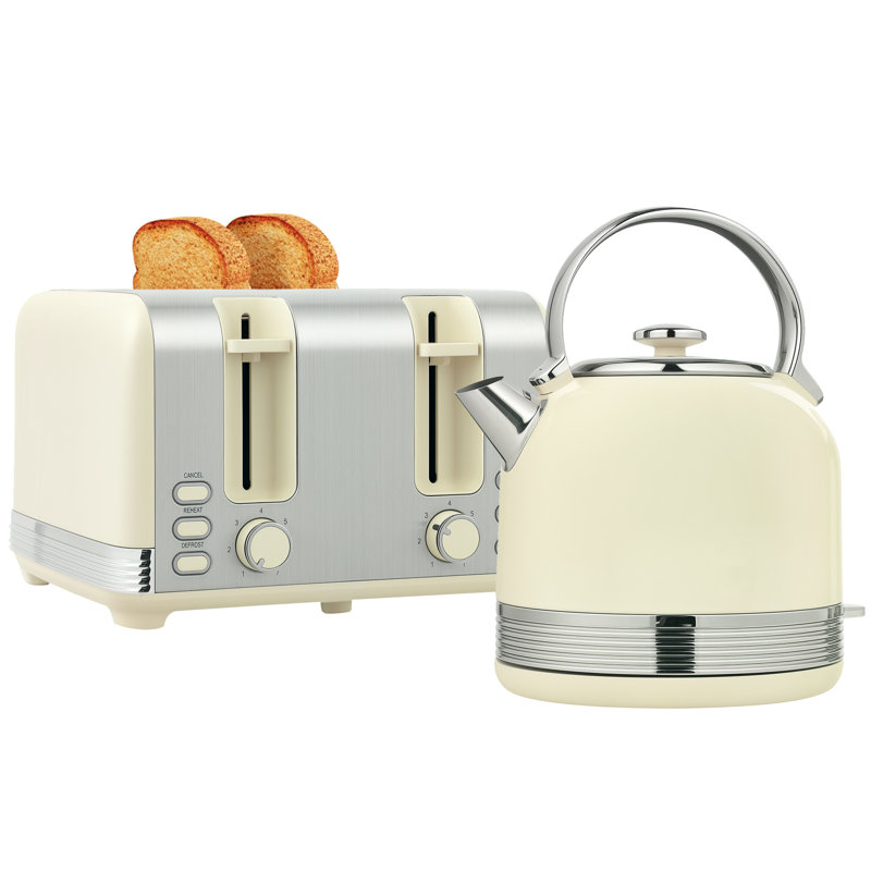HOMCOM 1.7L 3000W Fast Boil Electric Kettle and 4 Slice Toaster Set, Cream White