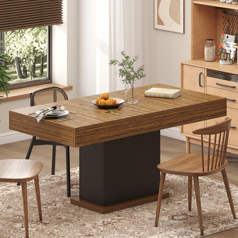 Table de salle à manger avec 2 tiroirs, table de cuisine rectangulaire moderne pour 6 personnes, tables de salle à manger longues avec bandes à DEL pour le salon de la cuisine (noir et brun rustique)