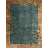 Antique Art Deco Room Size Wool Green, Ivory Beige Cream White Rug