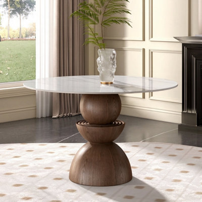 Table de salle à manger ronde moderne avec socle en bois massif et plateau en pierre frittée pour les sièges 2-6