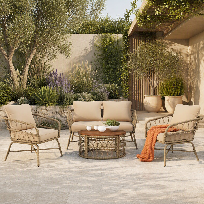 GO Bohemia-Inspired 4-Person Outdoor Seating Group With Removable Cushions, Conversation Patio Set With Wood Tabletop, Beige