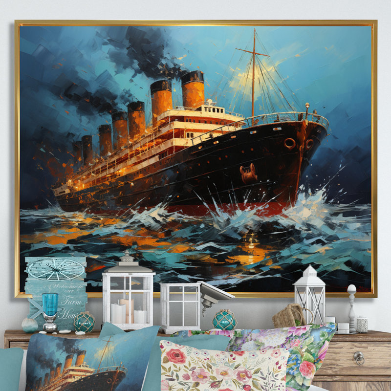 Boat Titanic Collage Interwoven II - Imprimé, Cadre flottant doré, H 16 po x l 32 po x P 1 po