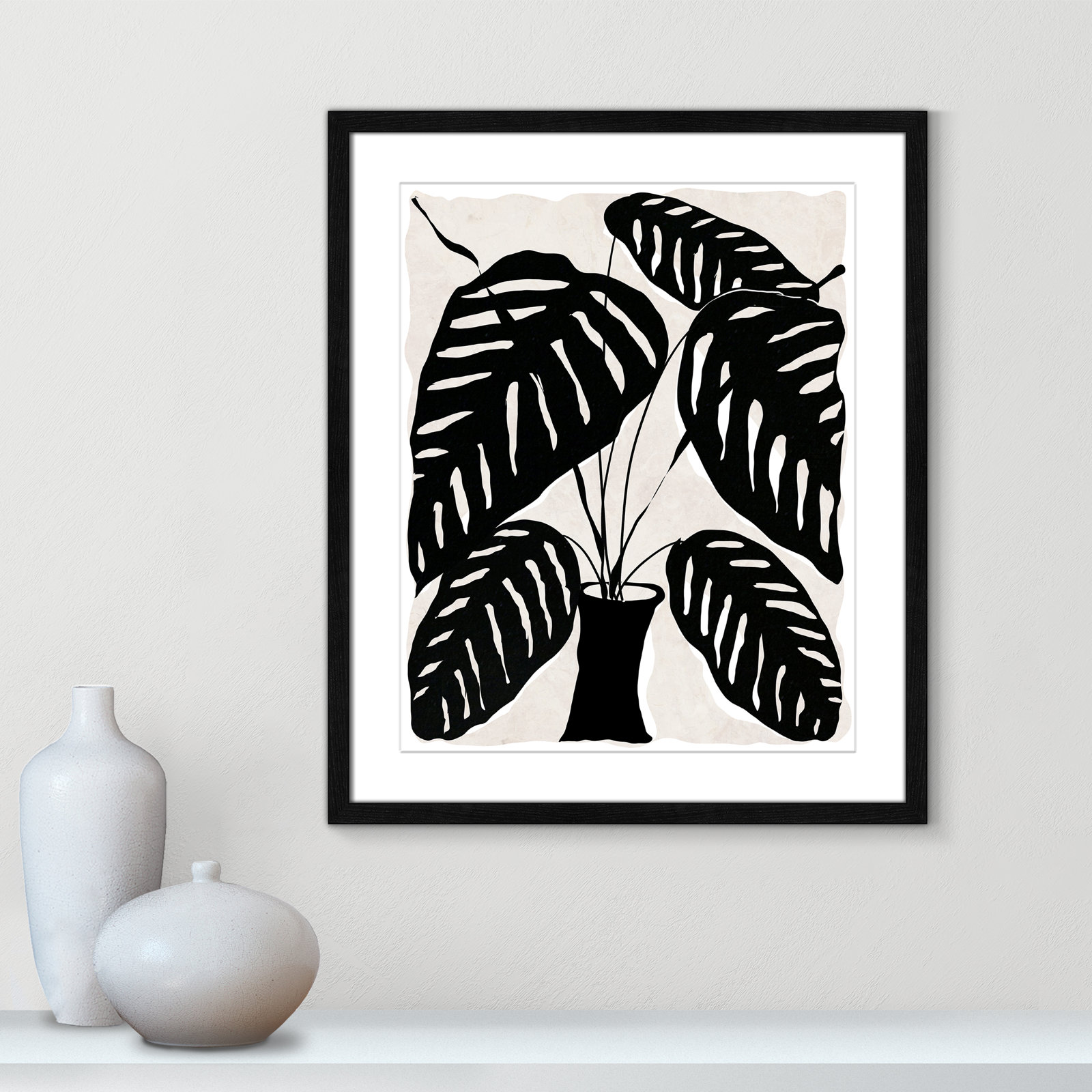 Black and White Potted Plant I Print, 25.5" H x 21.5" W x 0.75" D, Black Framed