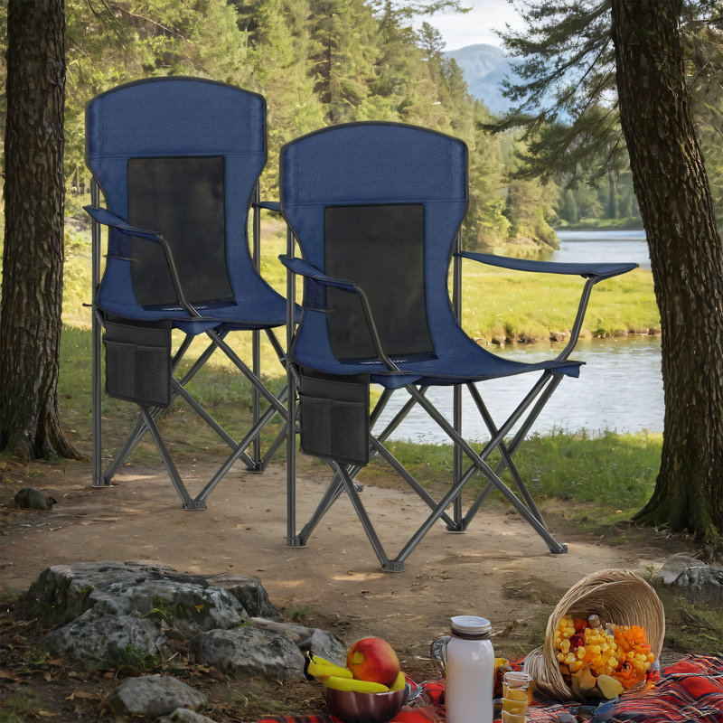 Foldable Camping Chairs Set Of 2, With High Back, Adjustable Armrests, Drink Holder, Blue