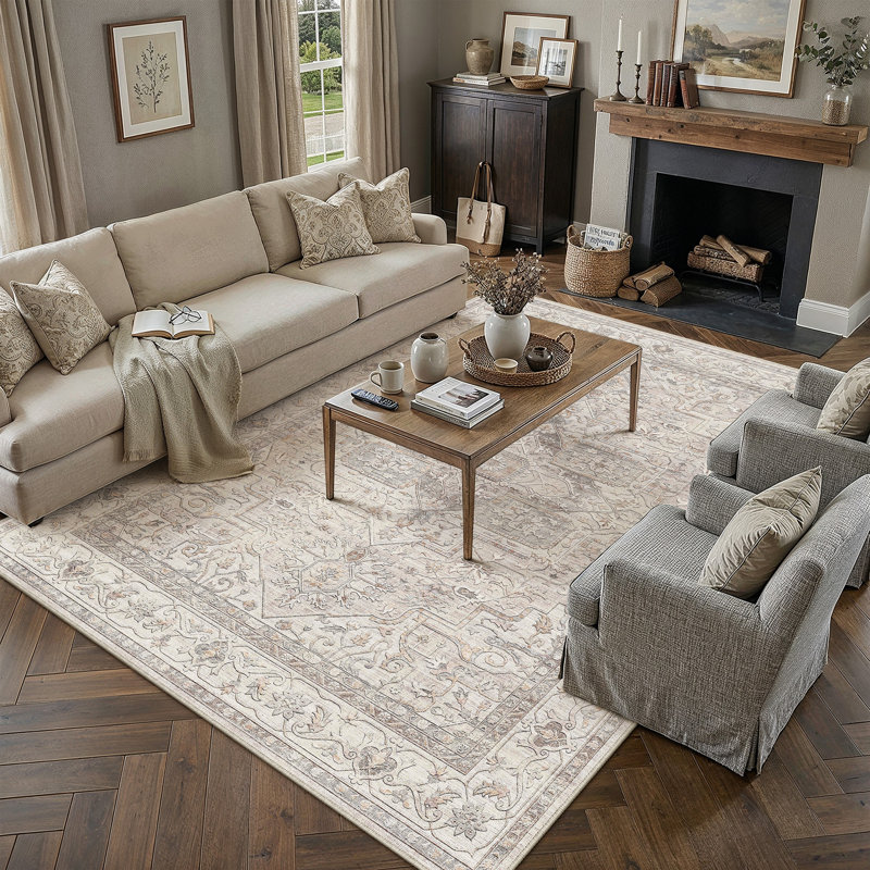 Tapis oriental lavable avec envers antidérapant Emery, Beige, Rectangle 9 pi x 12 pi