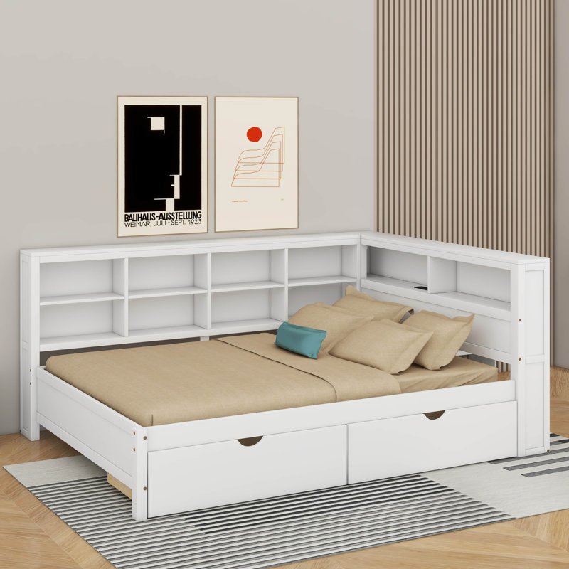 Lit de jour double avec tiroirs, tablette et port USB, Blanc