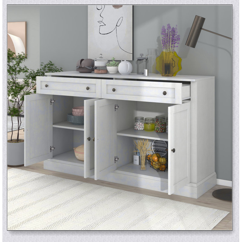 Buffet de cuisine avec 2 tiroirs et 4 portes réglables pour la salle à manger, Blanc antique