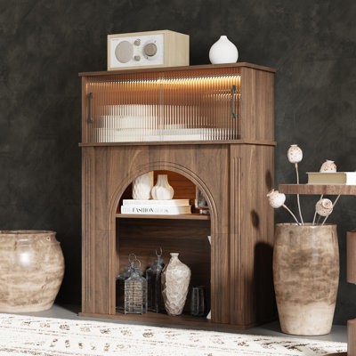 Modern Fireplace Mantel Surround With Sliding Fluted Glass Doors, MDF Wood Fireplace Frame With 3-Colour LED Lighting