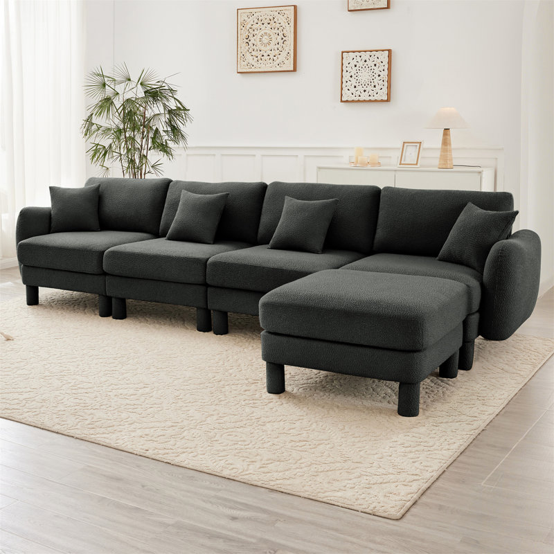Canapé modulaire en L convertible en forme de L pour 4 personnes avec accoudoirs en forme de coquillage et repose-pieds amovible et pieds en tissu
