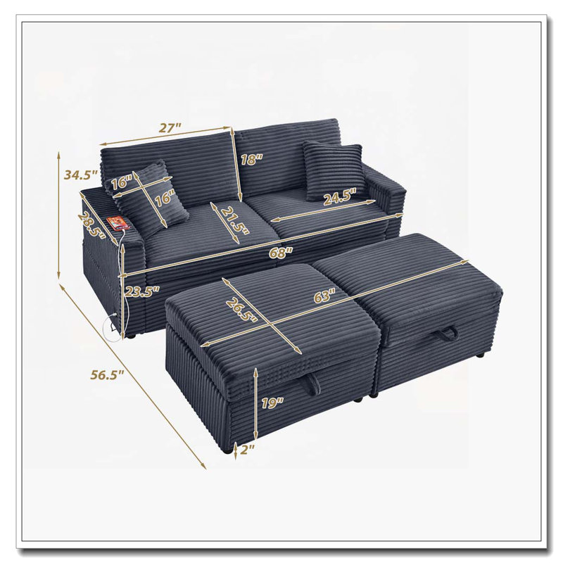 Canapé confortable moelleux en velours côtelé, espace de rangement pour grande causeuse, méridienne moelleuse avec repose-pieds double et plateau de table, convenant pour le repos