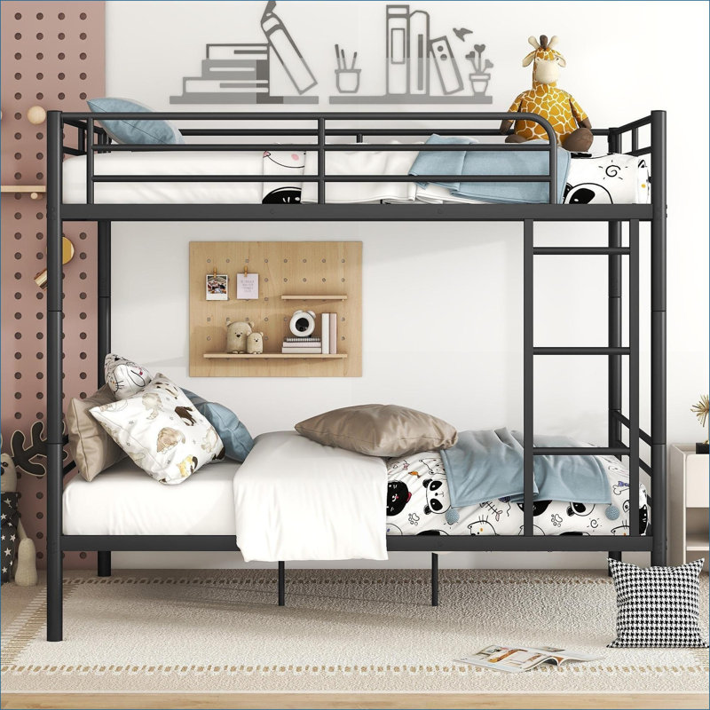 Structure de lit superposé double au-dessus de double, construction en fer robuste, capacité supérieure de 350 lb et capacité de poids de 250 lb, noir pour chambre à coucher de petit espace
