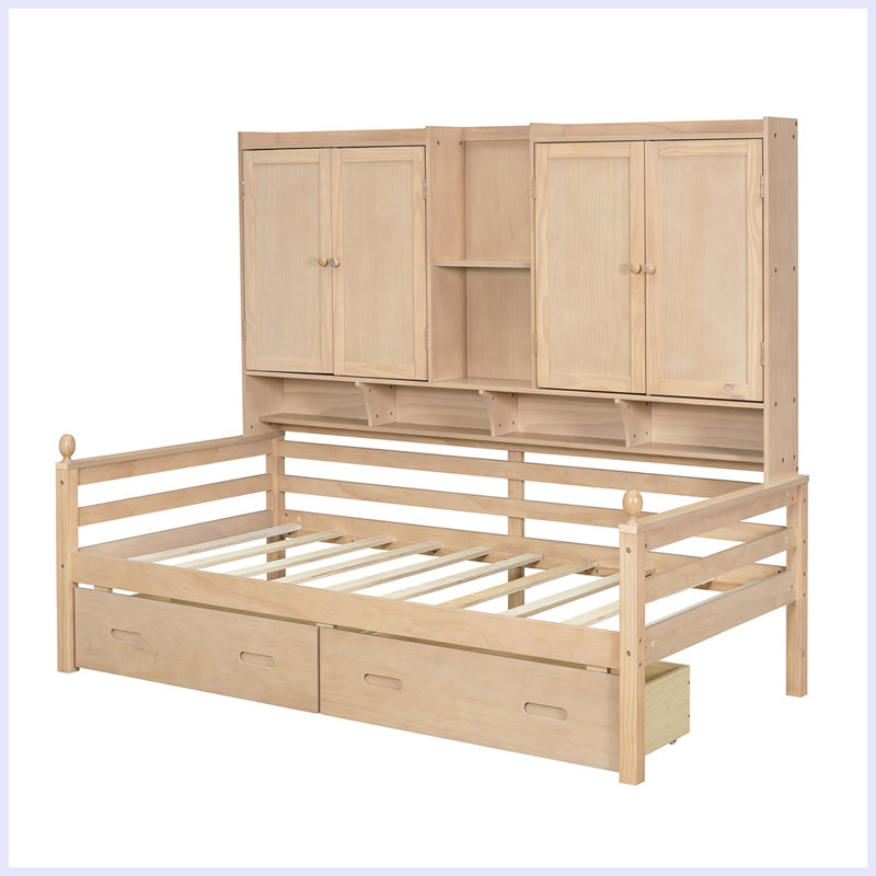 Structure de lit de jour en bois avec tête de lit bibliothèque et deux tiroirs sous le lit pour le salon de la chambre à coucher