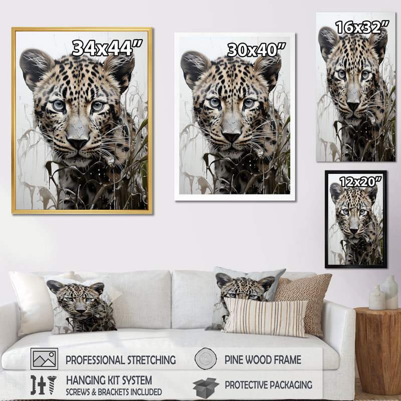 Monochromes intrigue léopard sur toile, H 32 po x l 16 po x P 1 po, Cadre flottant noir