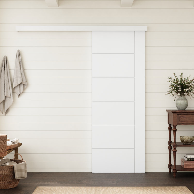 Porte intérieure standard à panneaux plats 6 panneaux 28 po x 80 po, style moderne, en bois massif apprêté blanc, avec ensemble de quincaillerie à rail caché