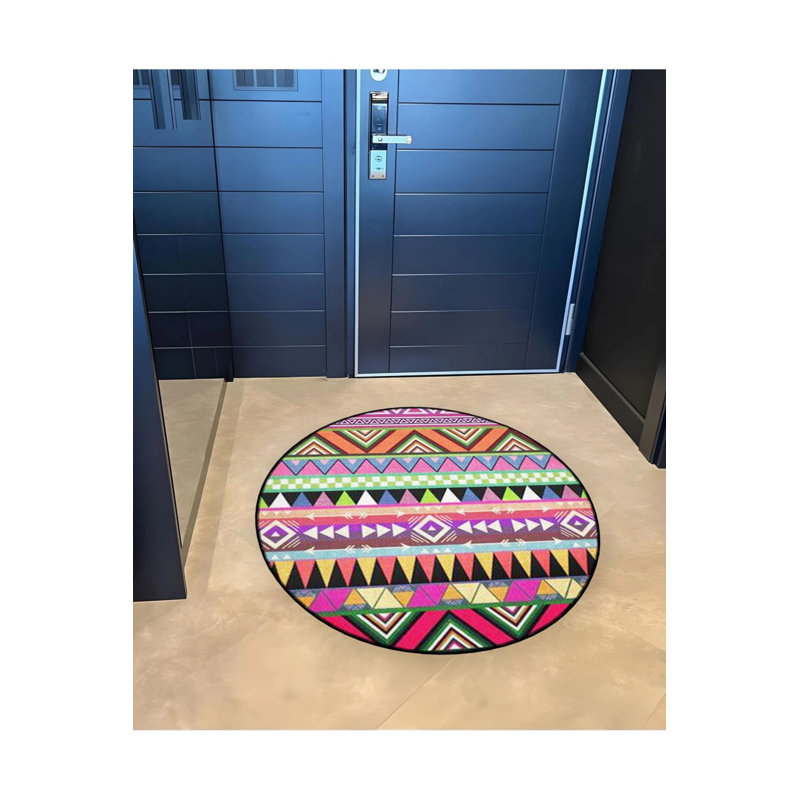 Woven Base Modern Decorative Carpet With Multicolored Geometric Shapes Details, Round 2'8"
