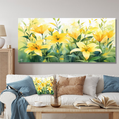 Yellow Lillies Gardens In Meadow II - Lilies Metal Wall Art, Traditional Metal Print